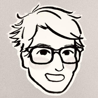 A black-and-white cartoon of Learner’s head. They are a white person with short, messy bedhead, they wear big square glasses, and they have a big grin.